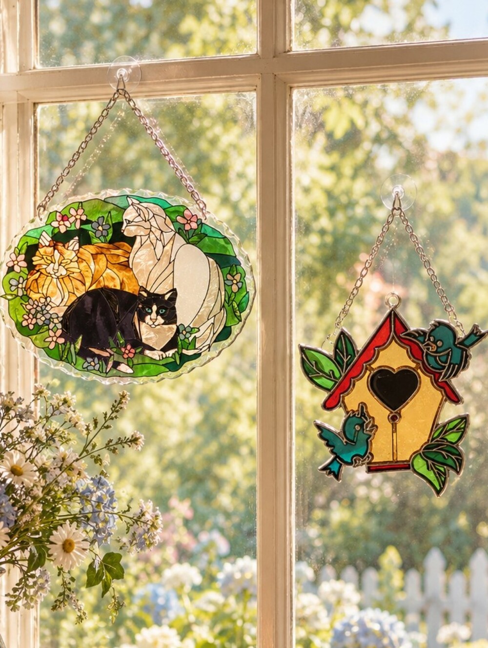 Joan Baker Handpainted Cat Stained Glass & Birdhouse Bluebird  Suncatcher Bundle